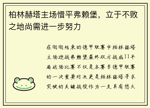 柏林赫塔主场惜平弗赖堡，立于不败之地尚需进一步努力